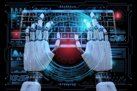 3d Robot ai cyborg typing on keyboard. Sci fi Hologram control hud panel. Stock Illustration