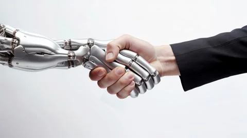 3D robot and human handshake in clean studio close-up Video stock 317217370