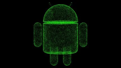 3D robot on black bg. Object dissolved green flickering particles. Business.. Stockillustratie