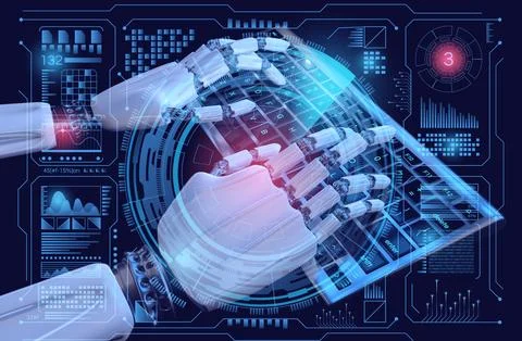3d Robot cyborg typing on keyboard. Sci fi Hologram control panel dashboard. Stock Illustration