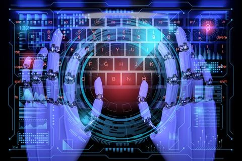 3d Robot cyborg typing on keyboard. Sci fi Hologram control panel. Stock Illustration