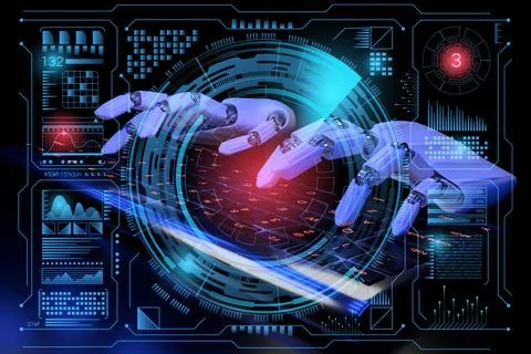 3d Robot cyborg typing on keyboard. Sci fi Hologram control panel dashboard. Stock Illustration