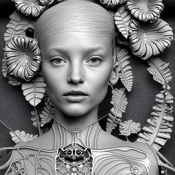 3D robot girl, artificial intelligence, a girl with leaves and flowers Stock Illustration