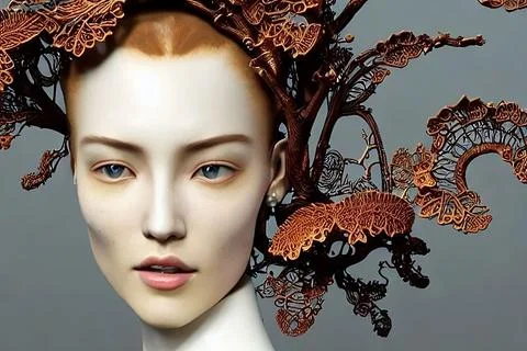 3D robot girl, artificial intelligence, a girl with leaves and flowers Stock Illustration