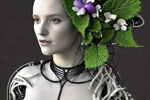 3D robot girl, artificial intelligence, a girl with leaves and flowers Stock Illustration