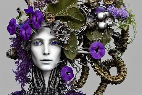 3D robot girl, artificial intelligence, a girl with leaves and flowers Stock Illustration