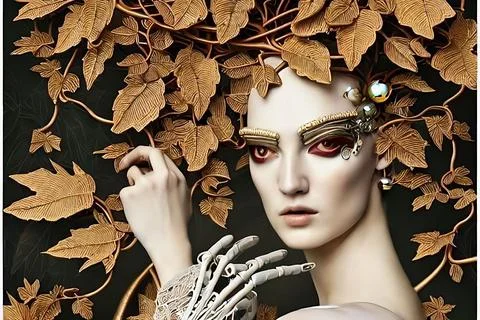 3D robot girl, artificial intelligence, a girl with leaves and flowers Stock Illustration