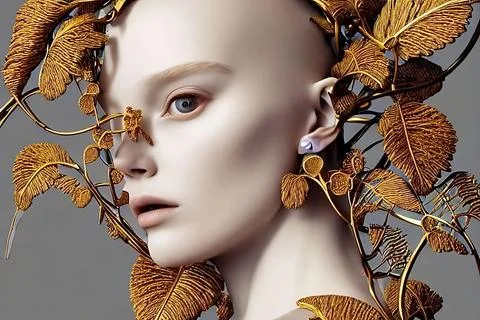3D robot girl, artificial intelligence, a girl with leaves and flowers Stock Illustration