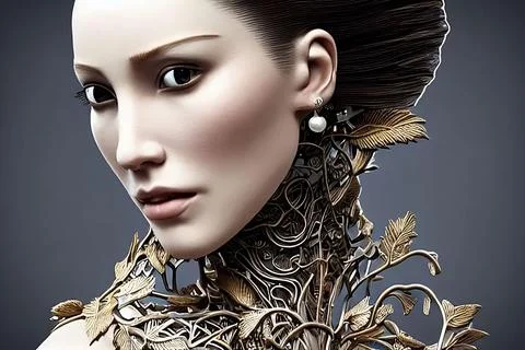 3D robot girl, artificial intelligence, a girl with leaves and flowers Stock Illustration