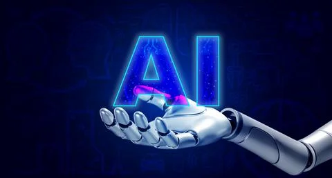 3d robot hand holding virtual AI, text with working development icons on bl.. Stock Illustration
