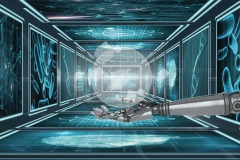 3D robot hand interacting with interface against background with medical 写真素材