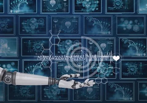 3D robot hand interacting with interfaces against background with medical Stock Photos