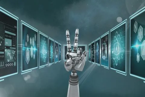 3D robot hand interacting with medical interfaces against blue background with Stock Photos