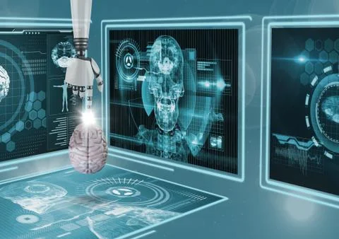 3D robot hand pointing a brain interface against background with medical Fotos de archivo