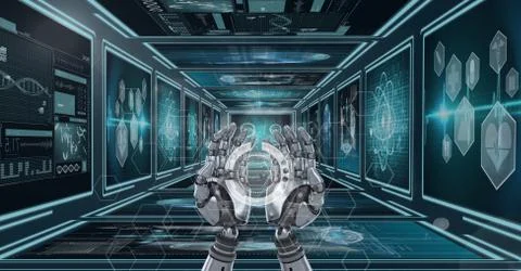 3D robot hands interacting with an interface against background with medical 写真素材