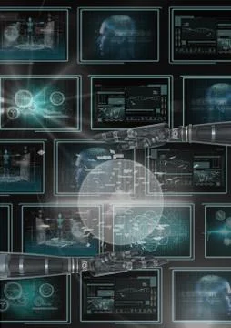 3D robot hands interacting with interfaces against background with medical Foto stock