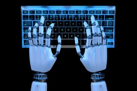 3d Robot hands typing on keyboard. Robotic hand using keypad. Stock Illustration