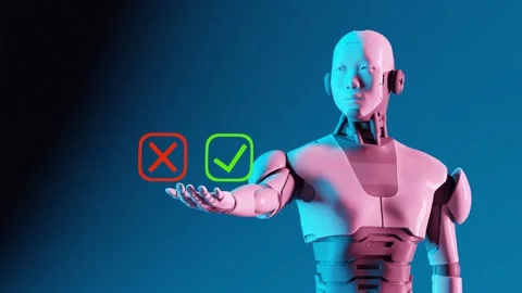 3D Robot Holding Two Choices in His Hands, Yes and No Symbol, Red X, Green Stock Footage 255561646