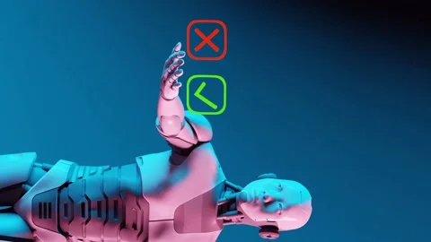3D Robot Holding Two Choices in His Hands, Yes and No Symbol, Red X, Green Stock Footage 255695463