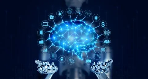 3d robot holding virtual management icons on blue digital network backgroun.. Stock Illustration