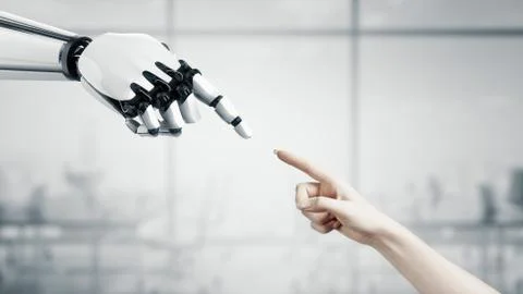 3D Robot reaches out to the woman. Two hands in a proposal position. Artificial  Stock Photos
