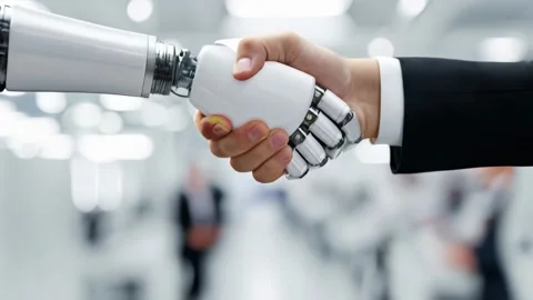 3D robotic arm greets a suited professional in a bright lobby Stock Footage 317217392