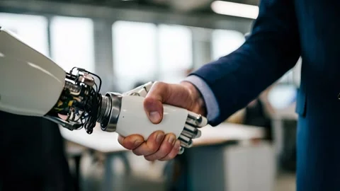 3D robotic gripper shakes hand with human Stock Footage 317217393