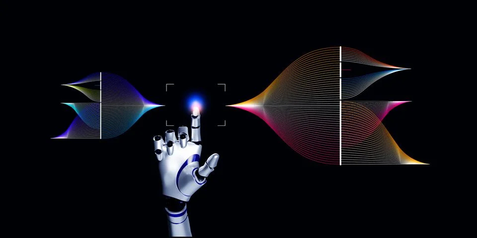 3d robotic hand with data flow diagram data connection change data informat.. Foto stock