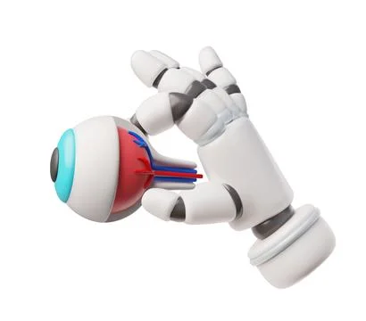 A 3D robotic hand holding a human eye, side view. Innovations of the future. Stock Illustration