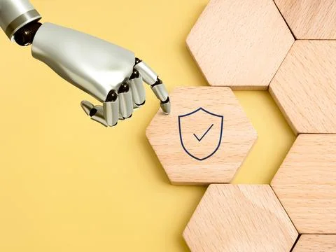 3d Robotic hand integrating security shield into hexagonal puzzle structure.. Stock Photos