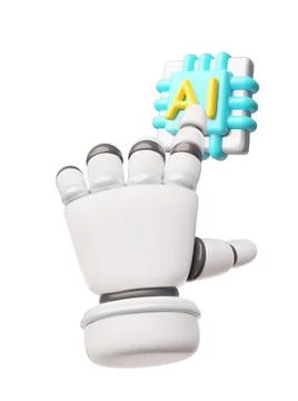 A 3D robotic hand pointing at an AI chip, modern technology, Stock Illustration