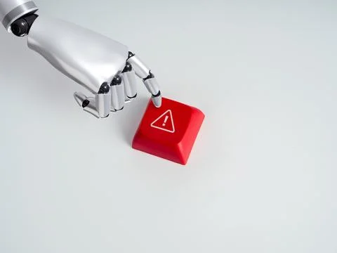3d Robotic hand pressing a red warning control button isolated on white bac.. Stock Photos