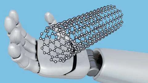 A 3d robotic hands and a floating carbon nanotube lattice Stock Illustration