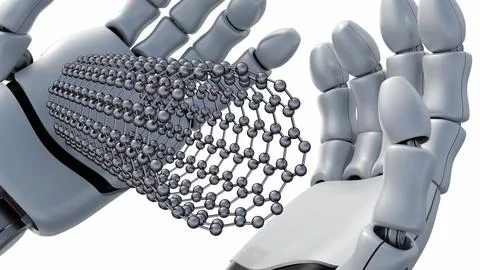 A 3d robotic hands and a floating carbon nanotube lattice Stock Illustration