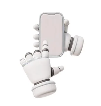 3D robotic hands, gray, holding a smartphone and tapping a blank screen, modern 스톡 일러스트