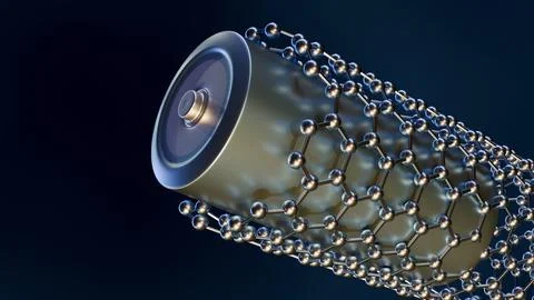 A 3d robotic hands manipulating a floating carbon nanotube lattice Stock Illustration
