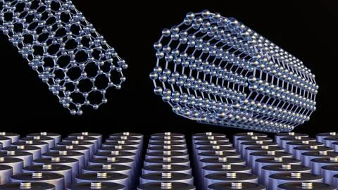 A 3d robotic hands manipulating a floating carbon nanotube lattice Stock Illustration