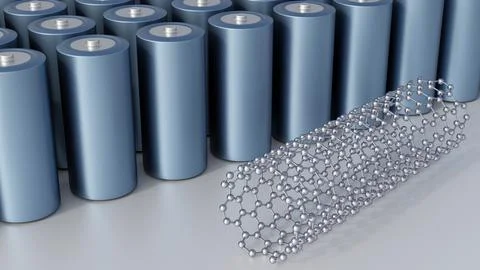 A 3d robotic hands manipulating a floating carbon nanotube lattice Stock Illustration