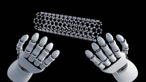 A 3d robotic hands manipulating a floating carbon nanotube lattice Stock Illustration