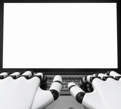 3d Robotic hands typing on a laptop with white screen. Stock Illustration