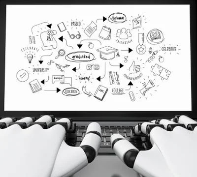 3d Robotic hands typing on a laptop with graduation sketch Stock Illustration