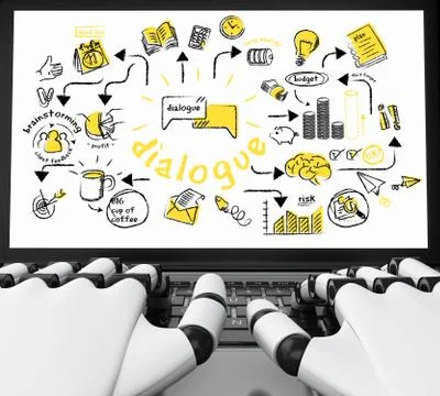 3d Robotic hands typing on a laptop with business sketch Stock Illustration