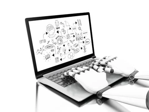 3d Robotic hands typing on a laptop with chemestry and science sketch laptop Stock Illustration