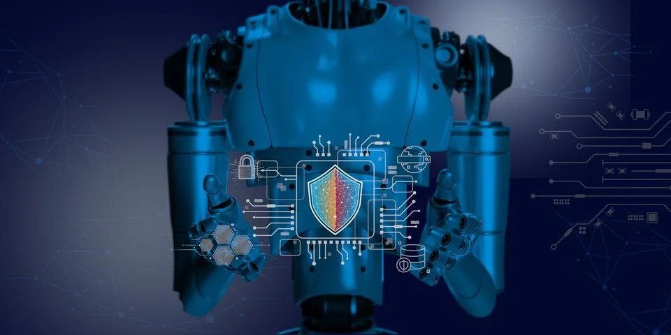 3D robotic render background with cyber security icon on circuit diagram , .. イラスト素材