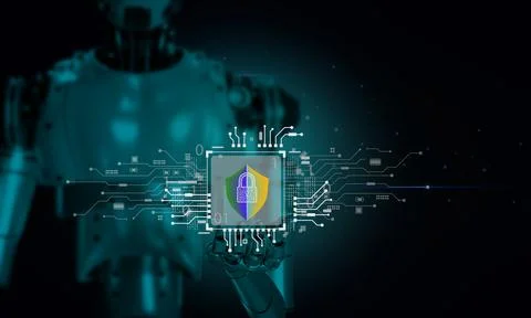 3D robotic render with cyber security icon on circuit diagram. The program .. イラスト素材