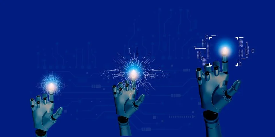3d robotic render hand with circuit diagram on blue  copy space Fotos de archivo