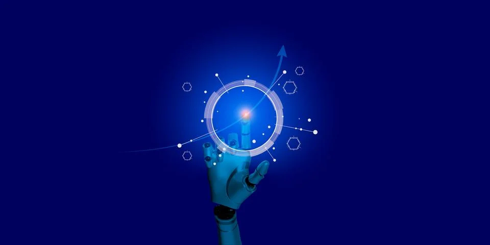 3D robotic render hand touching glow light with element futuristic digital .. Foto stock