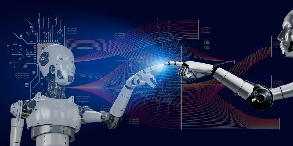 3D robotic render  showing metaverse and data science algorithm digital dat.. Stock Illustration
