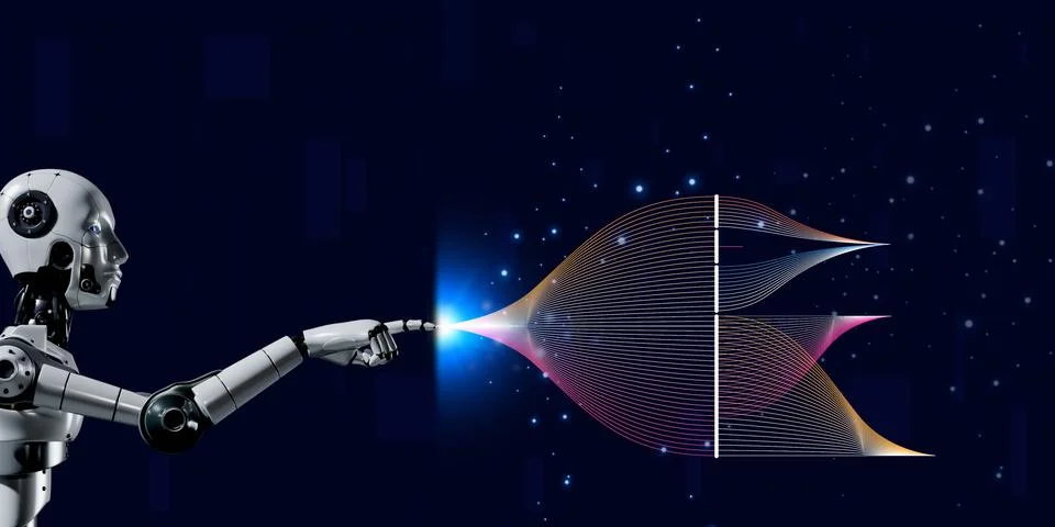 3D robotic render  showing metaverse and data science algorithm digital dat.. Stock Illustration