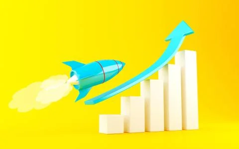 3d Rocket aiming for the top of bar graph. Stock Illustration